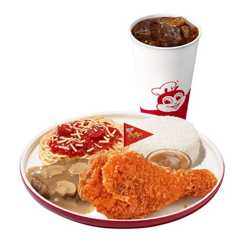 1 - pc. Chickenjoy New Spicy, Burger Steak & Half Jolly Spaghetti Super Meal