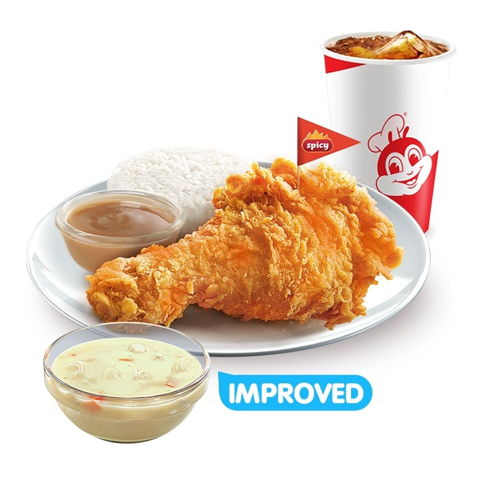 1 - pc. Spicy Chickenjoy w/ Chicken Macaroni Soup & Drink