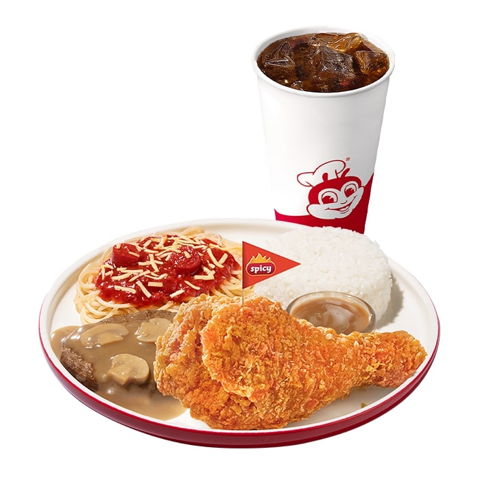 1 - pc. Chickenjoy Spicy, Burger Steak & Half Jolly Spaghetti Super Meal w/ D...